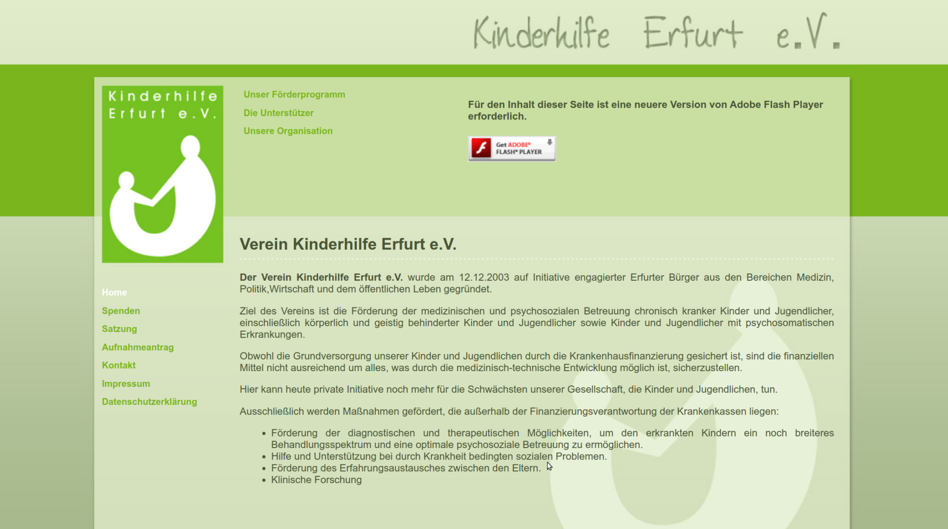 Website screenshot of the association Kinderhilfe Erfurt e.V.